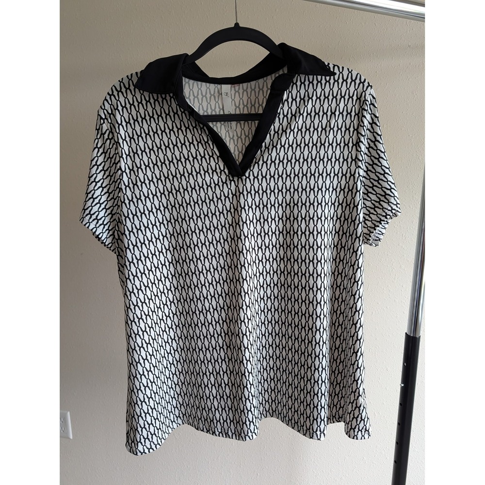 NY Collection Woman Black White Geometric V-Neck Polo Top 2X CKU2714